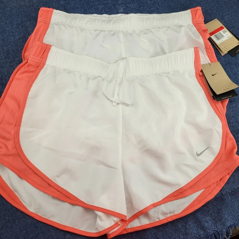 Nike Tempo Womens Large Dri-FIT 2 Pack Running Shorts White Coral Mid Rise